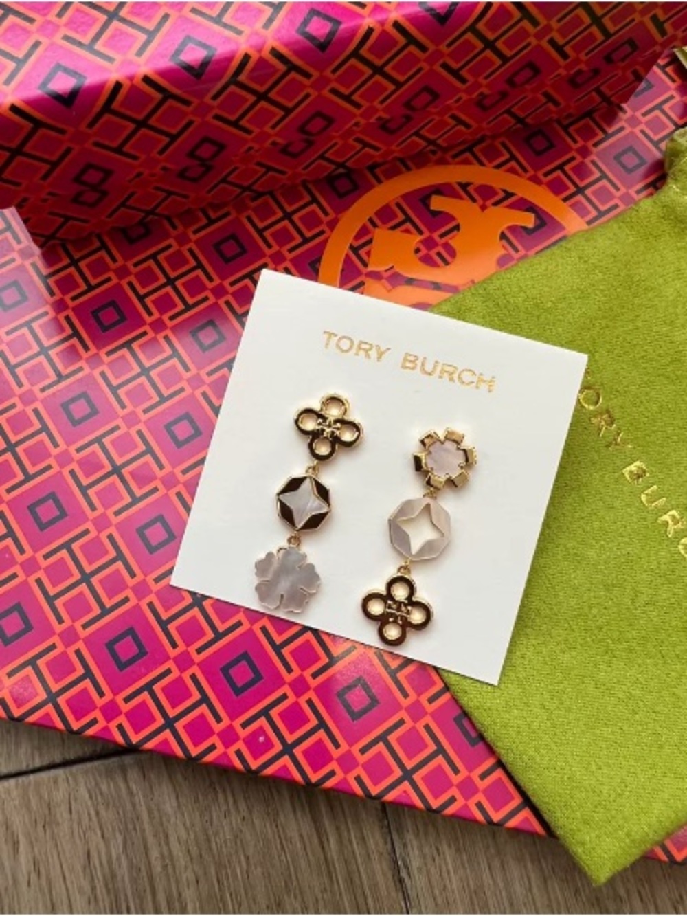 Tory Burch Pink and Gold Tiered Floral Drop Earrings